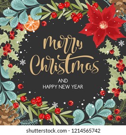 Merry Christmas card calligraphy with hand-drawn decorative frame. Vector illustration in vintage style.