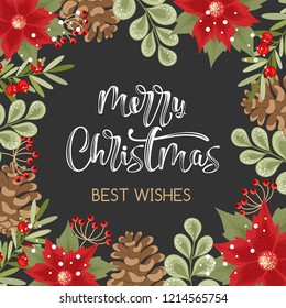 Merry Christmas card calligraphy with hand-drawn decorative frame. Vector illustration in vintage style.