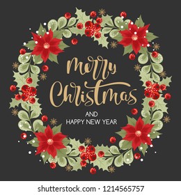 Merry Christmas card calligraphy with hand-drawn decorative frame. Vector illustration in vintage style.