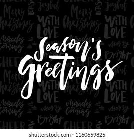 Merry Christmas card with calligraphy Seasons Greetings on seamless chalk background. Template for Greetings, Congratulations, Housewarming posters, Invitations, Photo overlays. Vector illustration