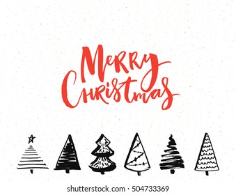 Merry Christmas card with calligraphy text and hand drawn christmas trees. Vector template design.