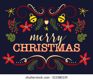 Merry Christmas card. Can be uses as an invitation or greeting card on dark blue background. Decorated with bells, ornaments, poinsettias and leaves. Vector and illustration design. 