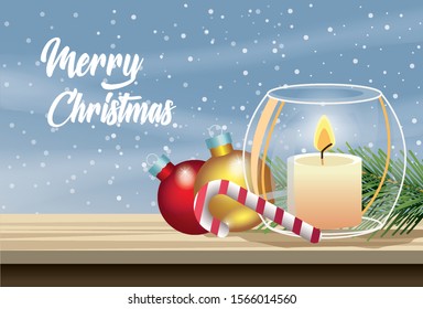 merry christmas card with candle and balls vector illustration design