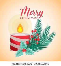 merry christmas card with candle and branches . vector illustration