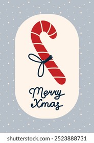 Merry Christmas Card with Candy Cane. Greeting card on light beige background and grey frame. Christmas and New Year. Vector illustration.