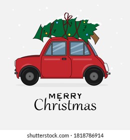 Merry Christmas card. Car carrying christmas tree. Isolated vector