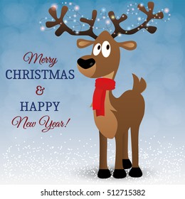 Merry Christmas card with cartoon deer, lights on big horns