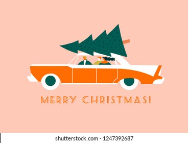 Merry Christmas card with cartoon family characters driving a car carrying a fir tree to home new year celebration. Winter postcard and poster collection.