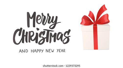 Merry Christmas card. Cartoon gift box with red bow isolated on white. Holiday present, vector illustration. Great for new year cards, tags, shopping sale banners, gift vouchers and certificates.