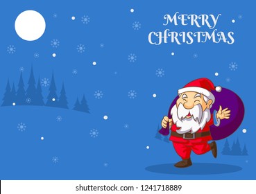 Merry Christmas card with a cartoon Santa Claus  in a snowy scene.