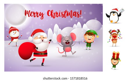 Merry Christmas card with cartoon Santa carrying bag. Lettering with decorations can be used for invitation and greeting card. Holiday concept