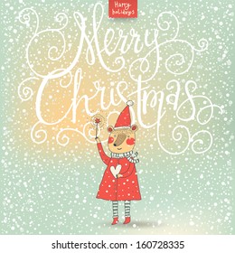 Merry Christmas card in cartoon style. Beautiful holiday background with Santa bear under snowfall in stylish colors in vector