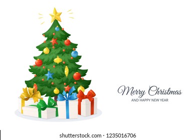 Merry Christmas card. Cartoon Christmas tree with presents isolated on white. Holiday gift boxes. Decorations with stars, vector illustration. For New Year banners, posters, tags.