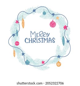 merry Christmas card. Celebration background with Christmas wreath and place for your text on white isolated. Vector Illustration