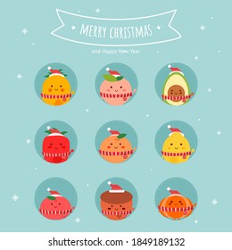 Merry Christmas card. Character pineapple, peach, avocado, strawberry, orange, lemon, apple, acorn and pumpkin.Happy new year. Illustration vector.