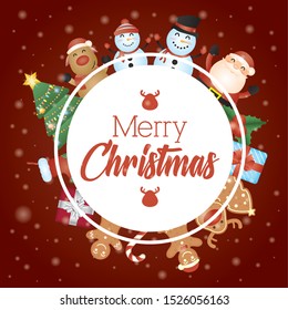 merry christmas card with characters in circular frame vector illustration design