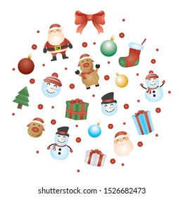 merry christmas card with characters circular pattern vector illustration design