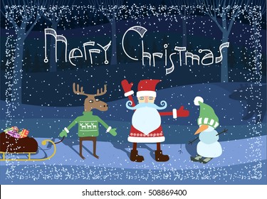 Merry Christmas card with characters and hand-drawn lettering. Vector graphics.