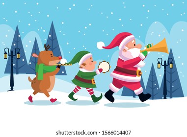 merry christmas card with characters playing instruments vector illustration design