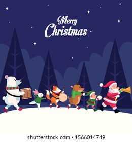 merry christmas card with characters playing instruments vector illustration design