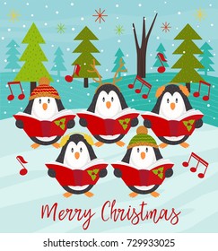 Merry Christmas card with choir penguins - vector illustration, eps
