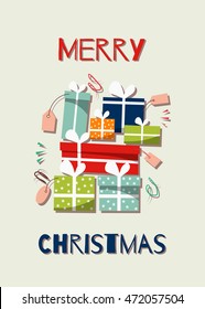 Merry christmas card with colorful gift boxes, cute design for xmas