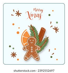 Merry Christmas card with a composition of gingerbread man, cinnamon, fir branch and tangerine. Hand drawn style
