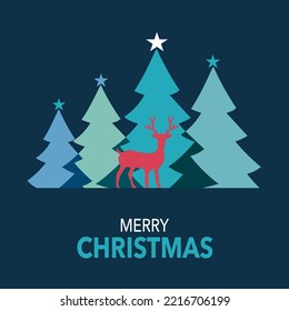 Merry Christmas card concept vector illustration. Xmas trees and reindeer in flat design.