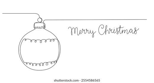 Merry Christmas card in continuous line style. Christmas tree ball and Merry Christmas quote in doodle line art style, vector illustration on white background