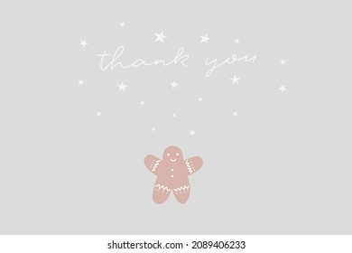 Merry Christmas card with cookie man thank you template concept design. Cookie simple flat doodle illustration. Holiday season winter cozy poster. Scandinavian hugge, lagom style. Vector eps10