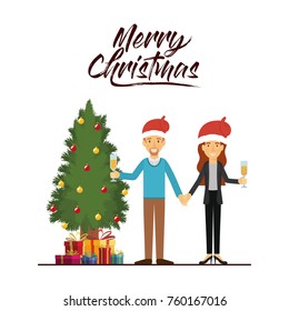 merry christmas card of couple celebrating christmas with champagne glass next to the tree with gifts and both of them with red christmas hat and him with beard