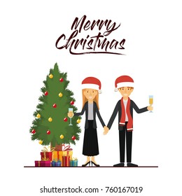 merry christmas card of couple celebrating christmas with champagne glass next to the tree with gifts and both of them with red christmas hat and him with scarf