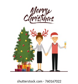 merry christmas card of couple celebrating christmas with champagne glass next to the tree with gifts and her with reindeer horns christmas hat and him with red christmas hat
