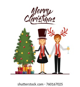 merry christmas card of couple celebrating christmas with champagne glass next to the tree with gifts and both of them with scarf and her with black hat and him with reindeer horns christmas hat