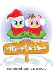 Merry christmas card with couple cute bird. poster of christmas day.