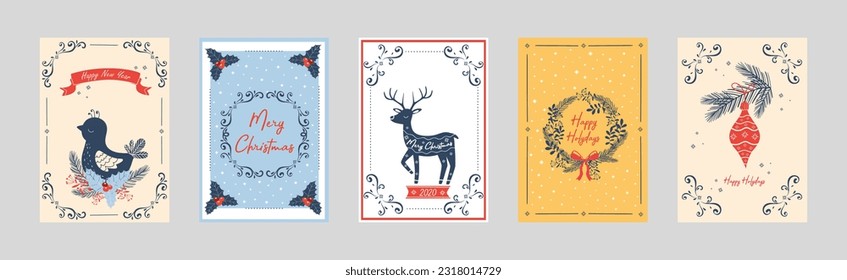 Merry Christmas Card Cover with Reindeer, Fir Branch and Baubles Vector Set