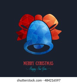 Merry Christmas card creative decoration. Happy New Year element design. Modern polygonal red bell with blue bow, ribbon. Handbell hand drawn template for winter holiday sale and shopping.