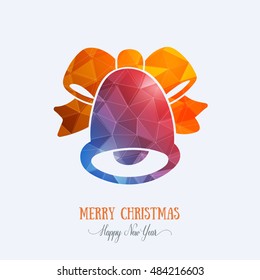 Merry Christmas card creative decoration. Happy New Year element design. Modern polygonal blue bell with orange bow, ribbon. Handbell hand drawn template for winter holiday sale and shopping.