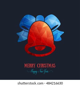 Merry Christmas card creative decoration. Happy New Year element design. Modern polygonal green bell with blue bow, ribbon. Handbell hand drawn template for winter holiday sale and shopping.