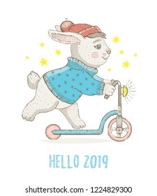 Merry Christmas card. Cute animal poster for Xmas & New Year. Cartoon  bunny pet. Hand drawn vector illustration isolated on blue background. Retro sketch for girl, baby t-shirt print design or card