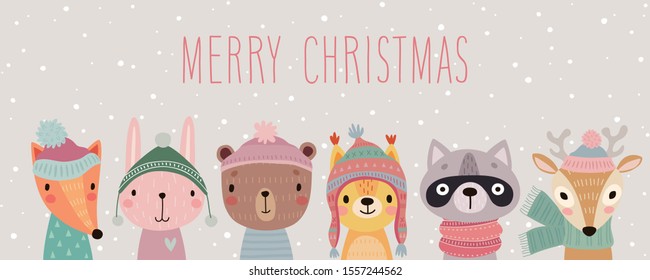Merry Christmas card with Cute animals. Hand drawn characters in winter clothes. Greeting flyer. Vector illustration.