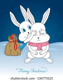 Merry Christmas card with cute animals - a male bunny bringing presents and closing eyes of female, handwritten text 