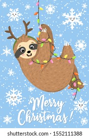 Merry Christmas card with cute baby sloth hanging on garland, smiling snowflakes and snow. Adorable hand drawn cartoon sloth wearing reindeer antler. Winter holiday illustrated background. Vector