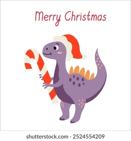 Feliz cartão de Natal com um bebê dinossauro bonito e cana de doces. Ilustração plana vetorial e letras desenhadas à mão. Design Xmas.