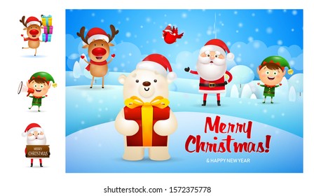Merry Christmas card with cute bear holding gift. Lettering with decorations can be used for invitation and greeting card. Holiday concept