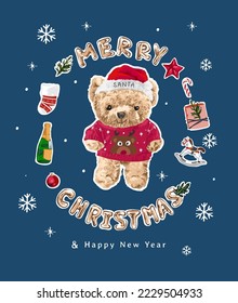 merry christmas card with cute bear doll in sweater and chritsmas hat vector illustration