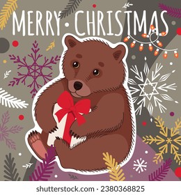 Merry Christmas card with a cute bear and winter elements. Vector illustration in trendy colors.