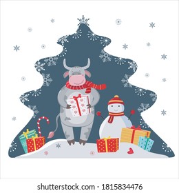 Merry Christmas card with cute bull, snowman and gifts. Cute vector illustration