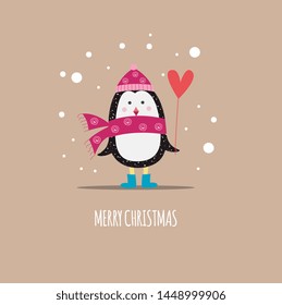 Merry Christmas card - cute cartoon penguin in hat and scarf holding a heart shaped balloon in falling snow, winter holiday celebration gift. Hand drawn flat vector illustration.