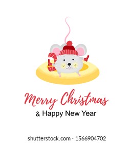 Merry Christmas card with cute cartoon Mouse in red scarf and hat doing snow tube. Mouse relax at winter. New Year card, Merry Christmas, animal symbol of 2020. Vector illustration